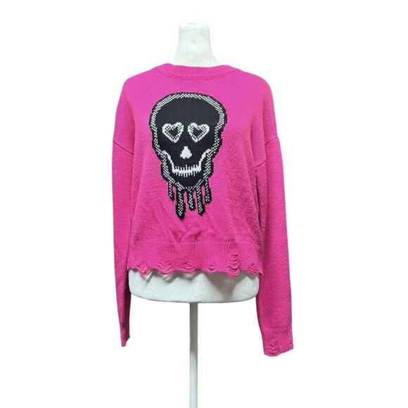 Hot Pink Skull Love Size Medium Thrashed Distressed Sweater Cute Goth Halloween - Picture 1 of 6